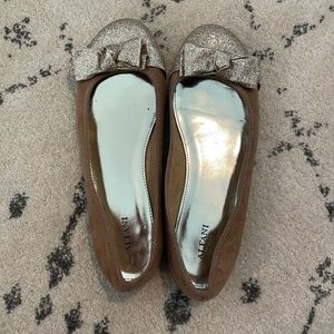 Alfani tan suede flats with gold glitter bow